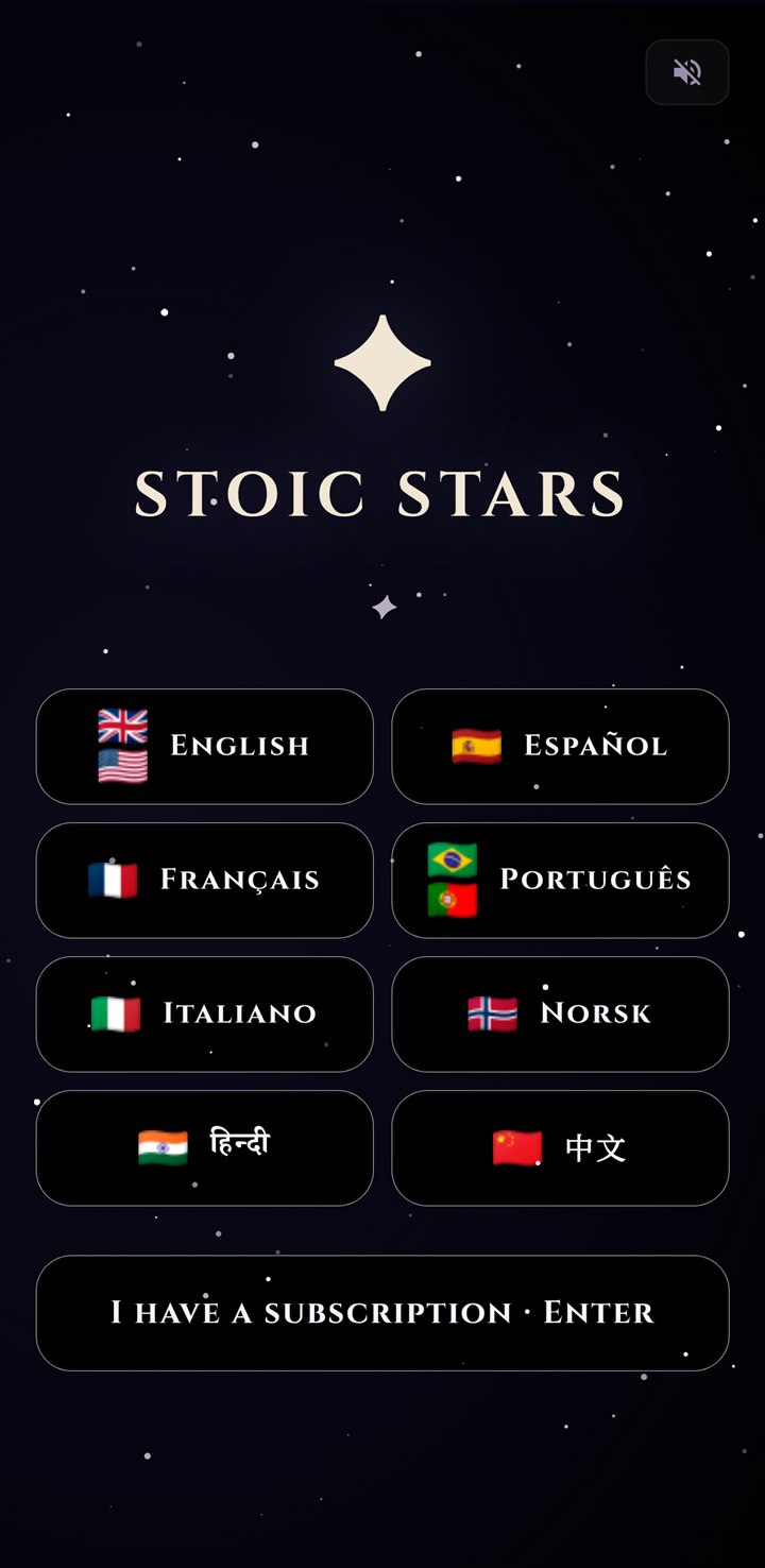 Stoic Stars screenshot: Welcome and language selection