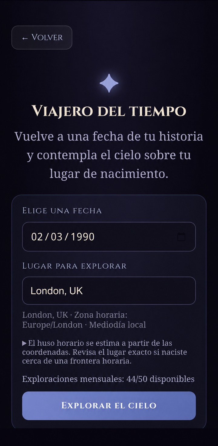 Captura de Stoic Stars: Viajero del Tiempo, selección de fecha y lugar para explorar el cielo