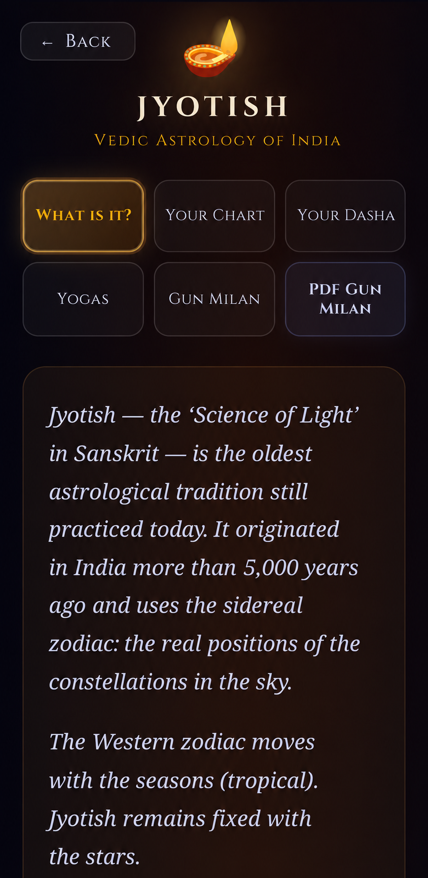 Stoic Stars screenshot: Jyotish · Vedic astrology