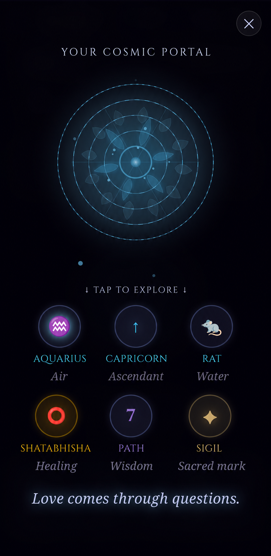 Stoic Stars screenshot: Cosmic portal · Profile overview