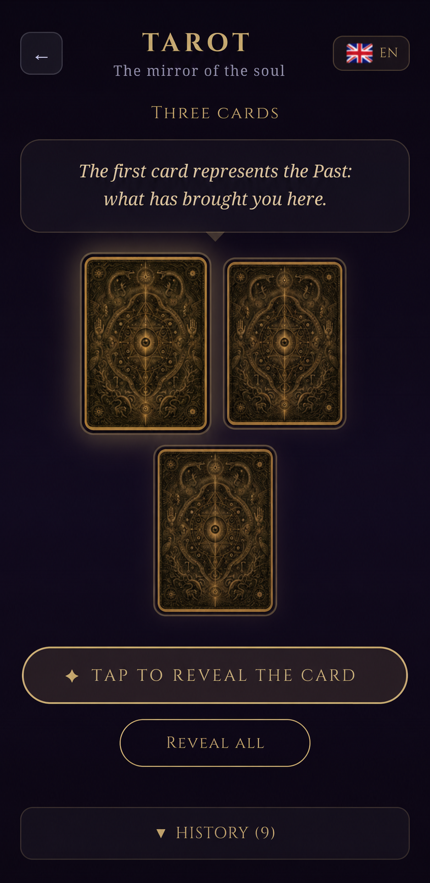 Stoic Stars screenshot: Tarot · Three-card spread