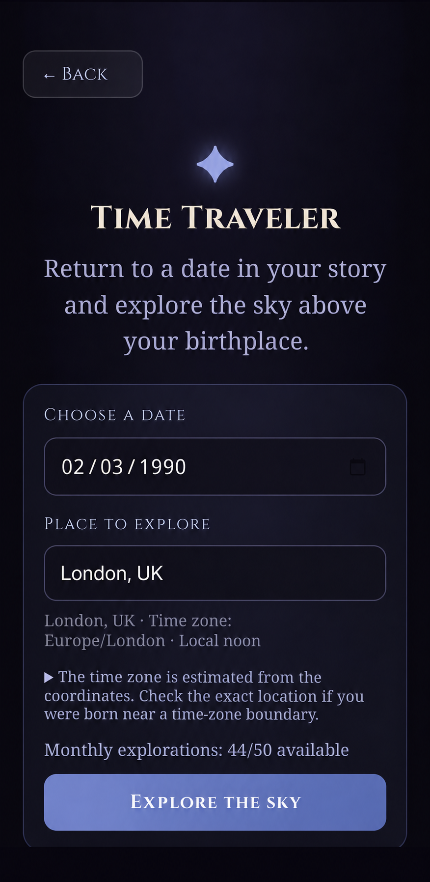 Stoic Stars screenshot: Time Traveler, choose a date and place to explore the sky