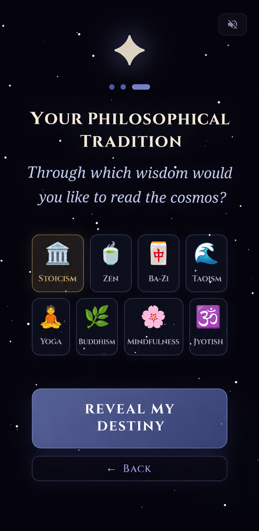 Stoic Stars screenshot: Choose a philosophical tradition